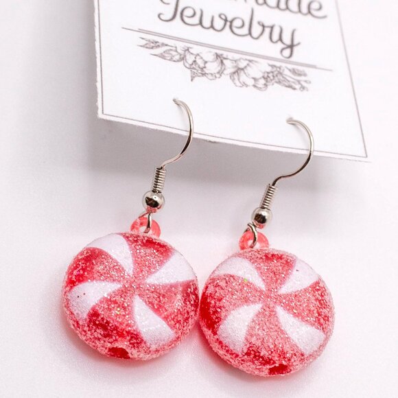 Handmade Jewelry Holiday Silvertone Peppermint Candy Earrings (Style #1), New - Picture 1 of 2